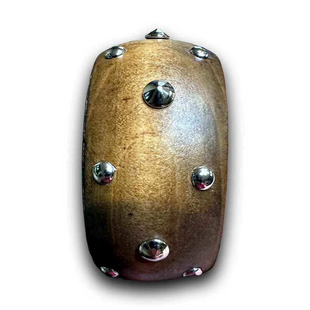 NEW Brown Wood Bangle Bracelet Silver Studded Wide Chunky Boho Western Statement